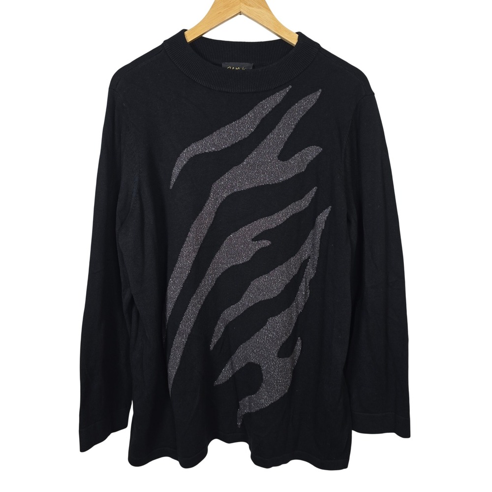 Bob Mackie Wearable Art Black Silver Metallic Zebra Stripe Sweater XL Womens